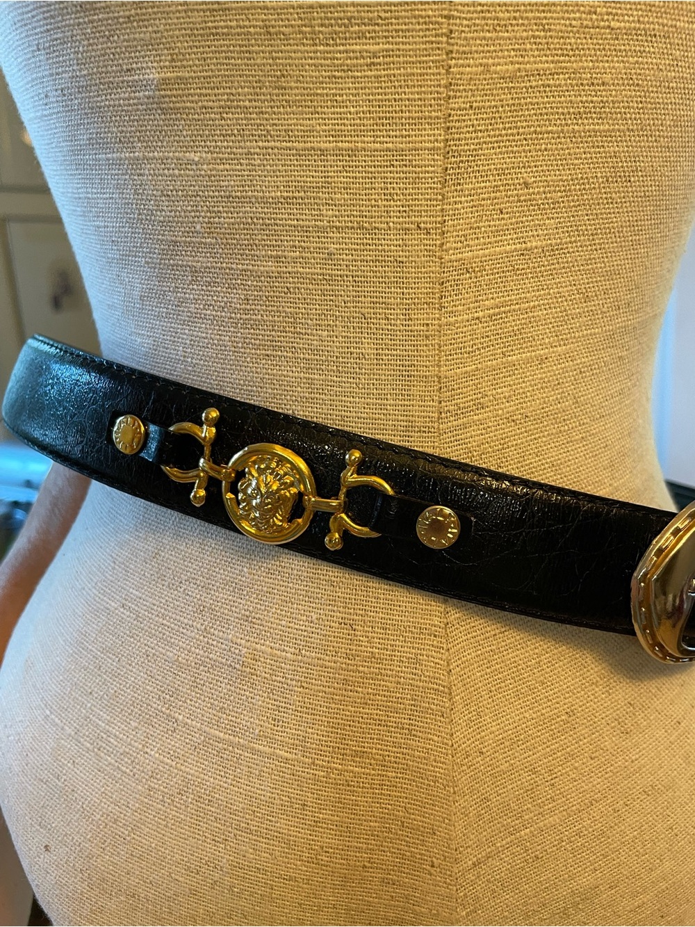 Black Leather Belt with Gold Lion Emblem Made in Italy 38 in